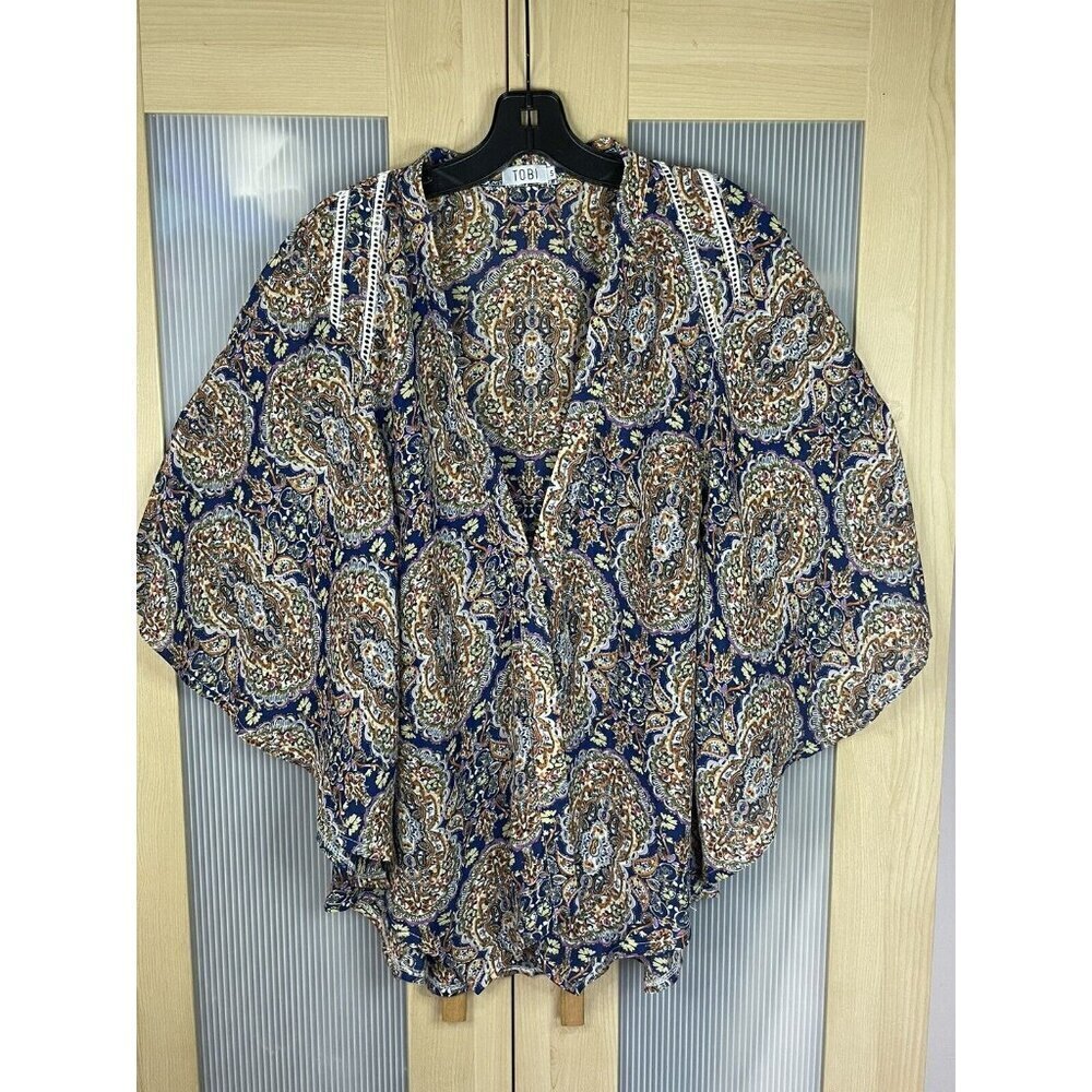 Tobi Boho Fairy Beach Top Paisley Print Kimono‎ Lace Bell Sleeve Womens Size S